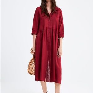 Zara Midi 100% Red Linen Dress Button Up